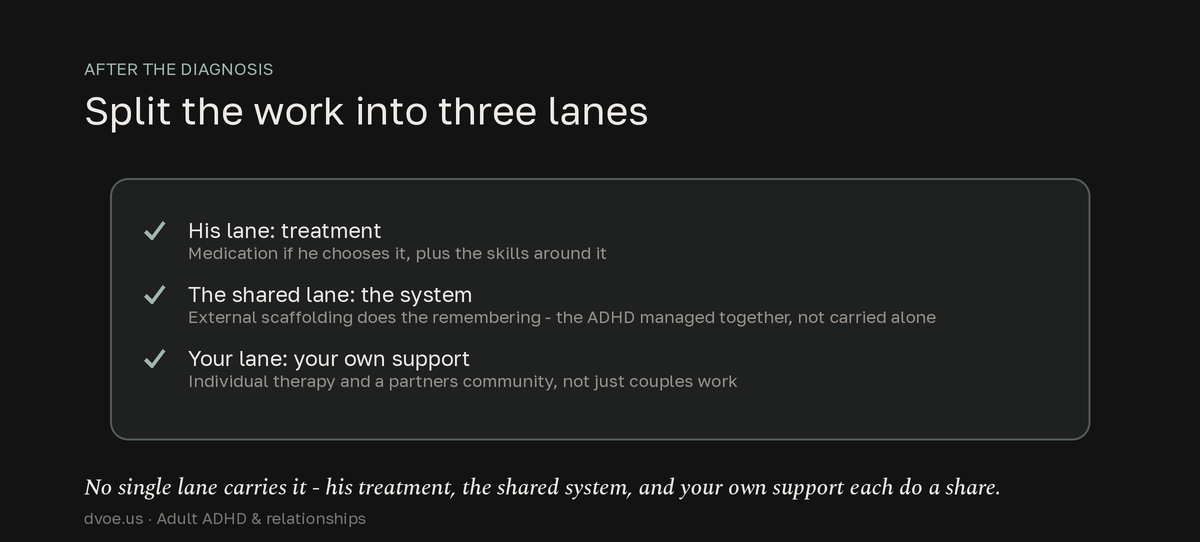 Checklist of three lanes for dividing the work after an ADHD diagnosis: his lane is treatment and medication, the shared lane is an external-structure system managed together, and your lane is your own individual support.