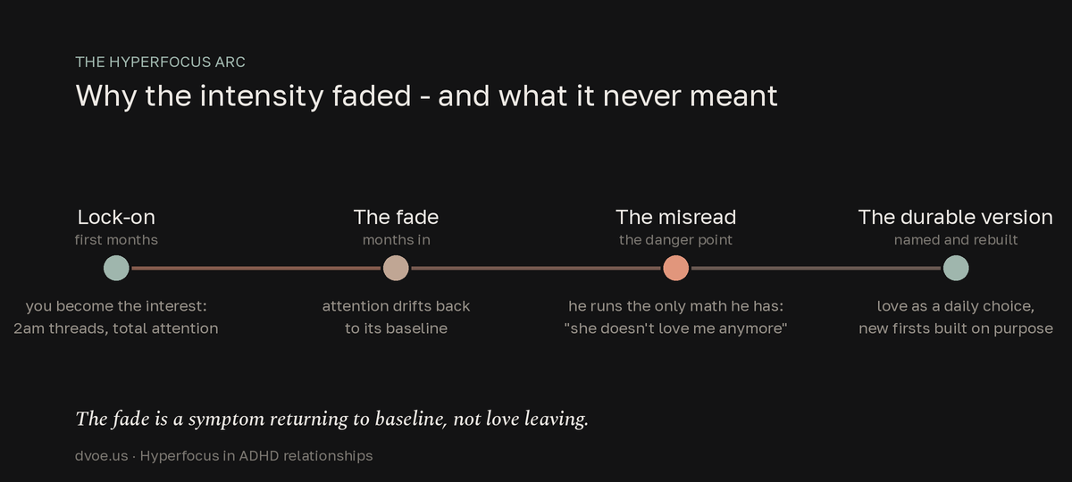 Timeline of the ADHD hyperfocus relationship arc: total lock-on attention in the first months, attention fading back to baseline, the partner misreading the fade as lost love, and the durable stage where love becomes a deliberate daily choice with novelty built in on purpose.