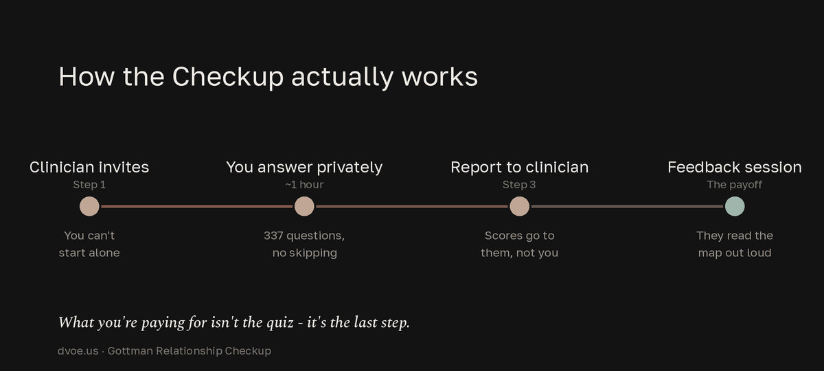 A four-step flow: a clinician invites you, you privately answer 337 questions in about an hour, the clinician receives the report, then walks you through it together in a feedback session - the last step is the actual product.
