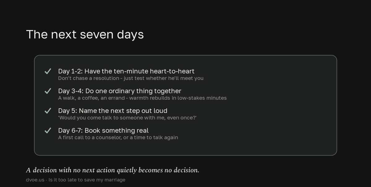 A seven-day action checklist: days one to two have a ten-minute heart-to-heart, days three to four do one ordinary thing together, day five name the next step aloud, and days six to seven book a real first counseling call or conversation.