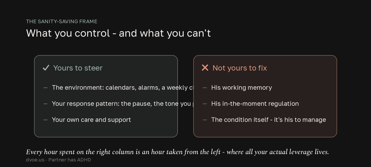 Split list contrasting what the non-ADHD partner controls - the environment, their own response pattern, their own care - with what no amount of reminding controls: the ADHD partner's working memory, in-the-moment regulation, and ownership of the condition.