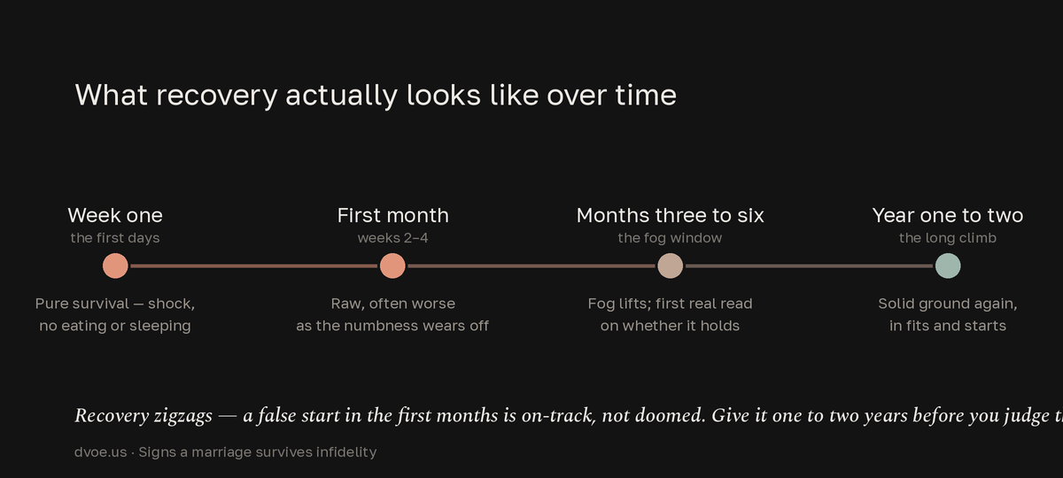 A four-stage timeline of infidelity recovery: week one is pure survival, the first month is raw and often worse, months three to six are when the affair fog lifts and you get the first real read, and year one to two is when a repairing marriage feels like solid ground again — never in a straight line.